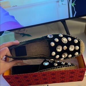 Tory burch Embellished Black Espadrilles